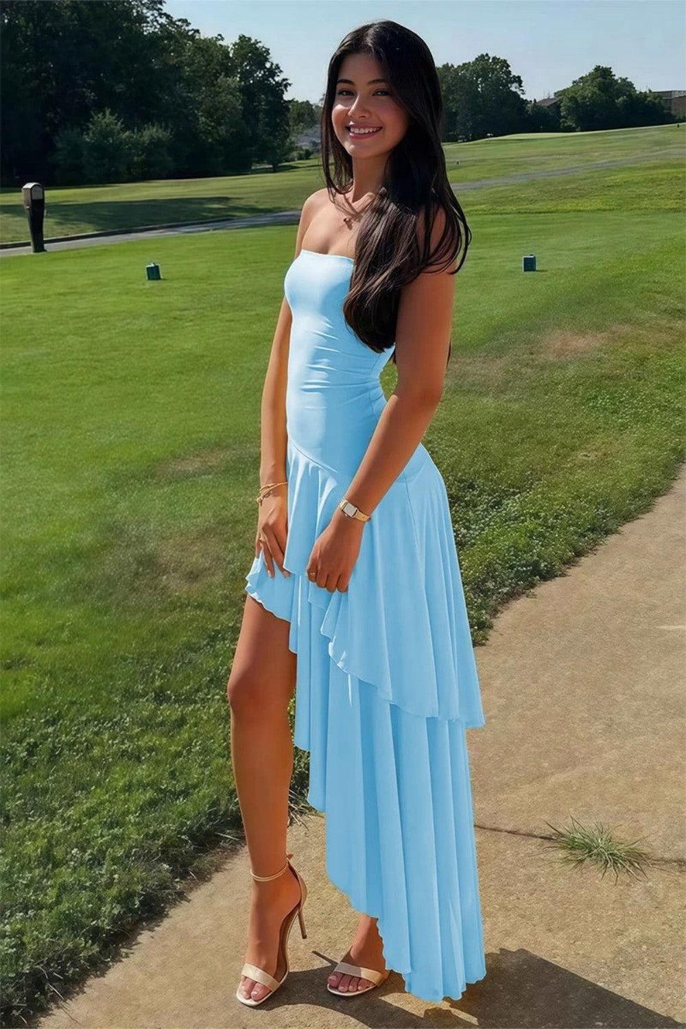 Asymmetrical Strapless Blue Long Prom Dress With Ruffles Formal Evening Gown