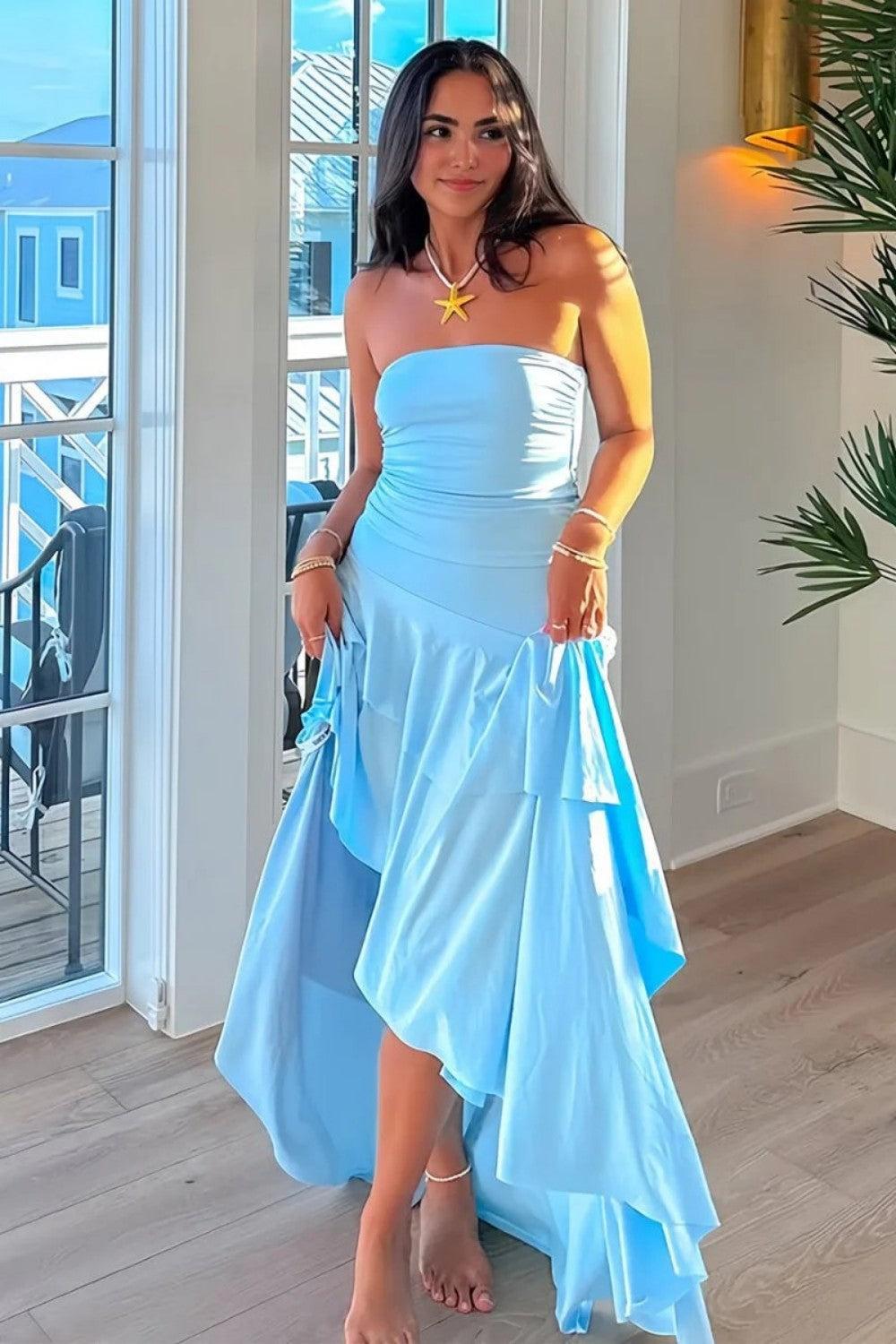 Asymmetrical Strapless Blue Long Prom Dress With Ruffles Formal Evening Gown