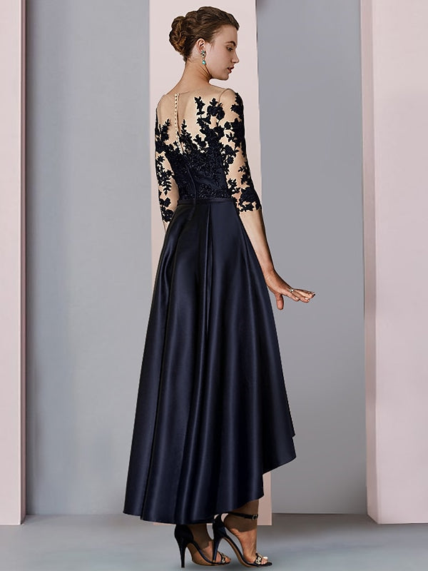 Asymmetrical Tea Length A Line Mother of the Bride Dress with Illusion Neck