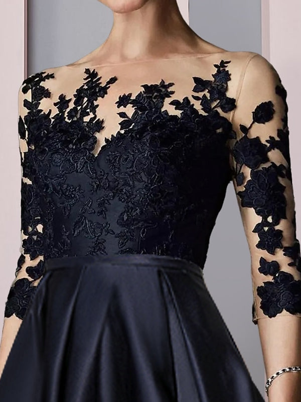 Asymmetrical Tea Length A Line Mother of the Bride Dress with Illusion Neck