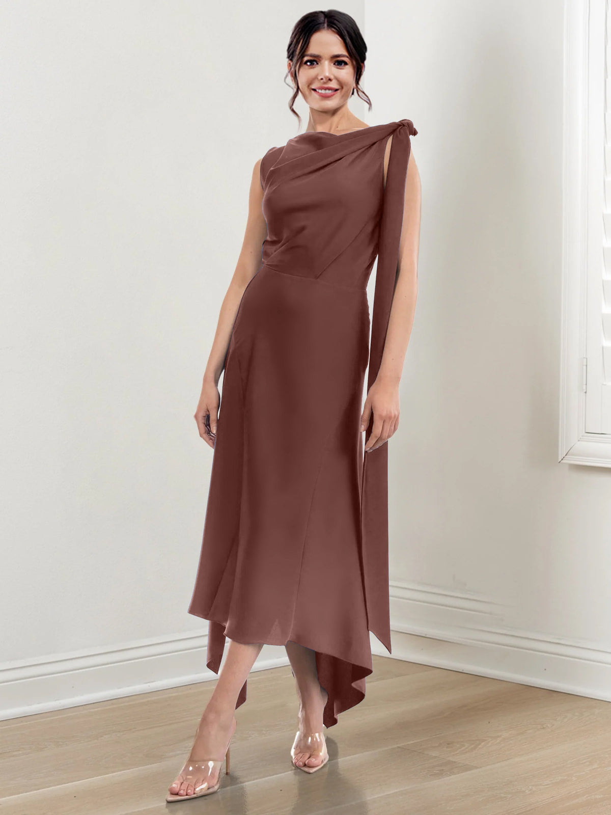 Asymmetrical Tea Length Mother of the Bride Sheath Dress with Ruched Column Jewel Neck