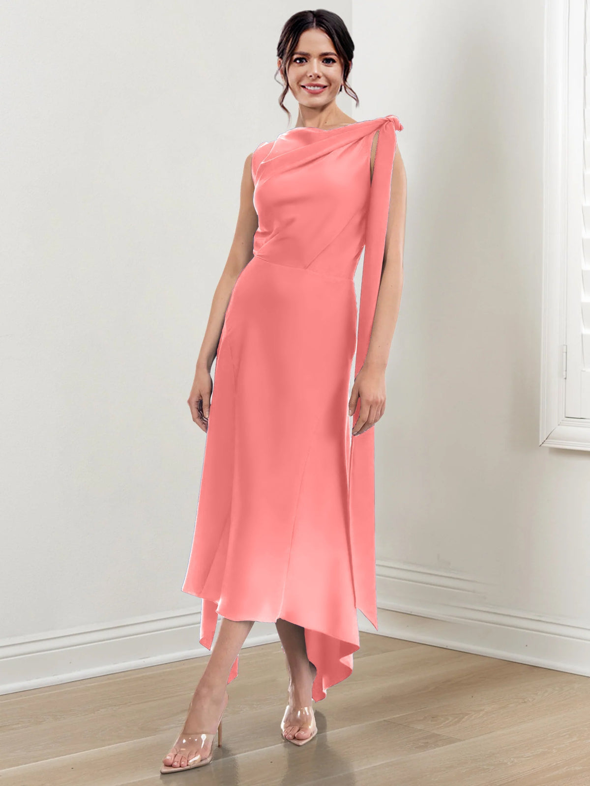 Asymmetrical Tea Length Mother of the Bride Sheath Dress with Ruched Column Jewel Neck