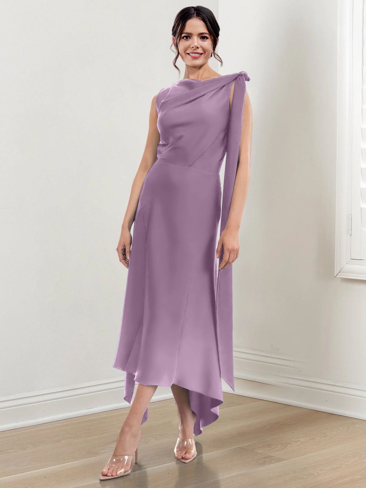 Asymmetrical Tea Length Mother of the Bride Sheath Dress with Ruched Column Jewel Neck