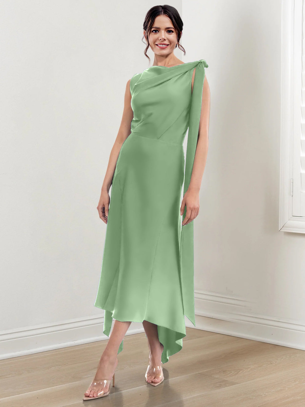 Asymmetrical Tea Length Mother of the Bride Sheath Dress with Ruched Column Jewel Neck