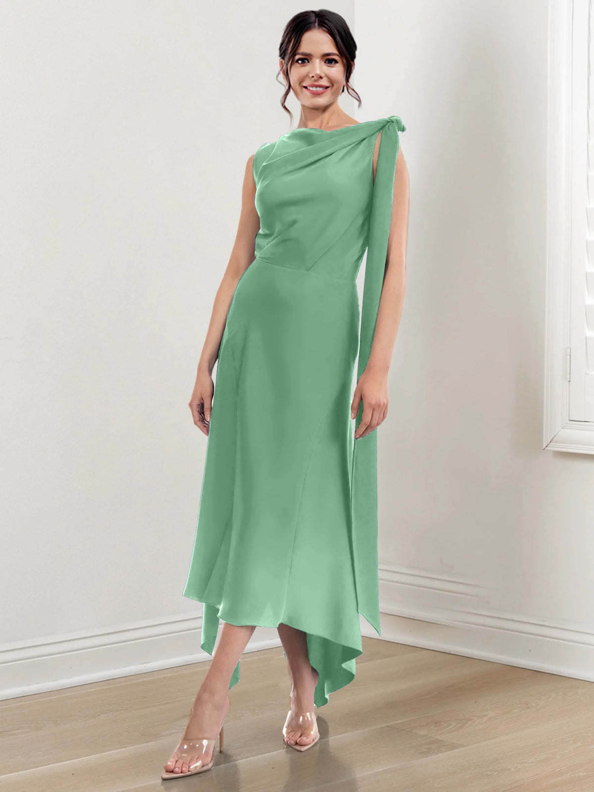 Asymmetrical Tea Length Mother of the Bride Sheath Dress with Ruched Column Jewel Neck