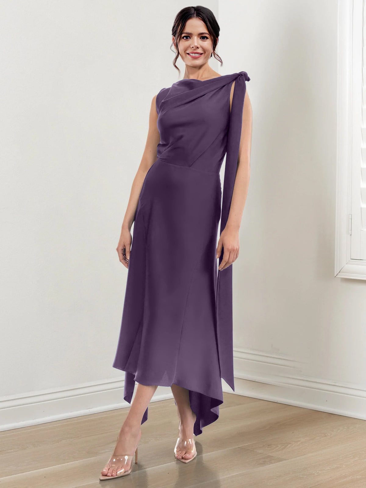 Asymmetrical Tea Length Mother of the Bride Sheath Dress with Ruched Column Jewel Neck