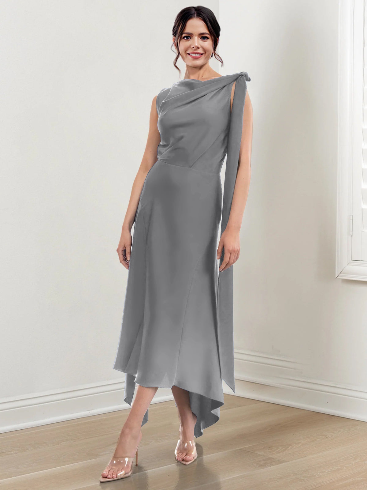 Asymmetrical Tea Length Mother of the Bride Sheath Dress with Ruched Column Jewel Neck