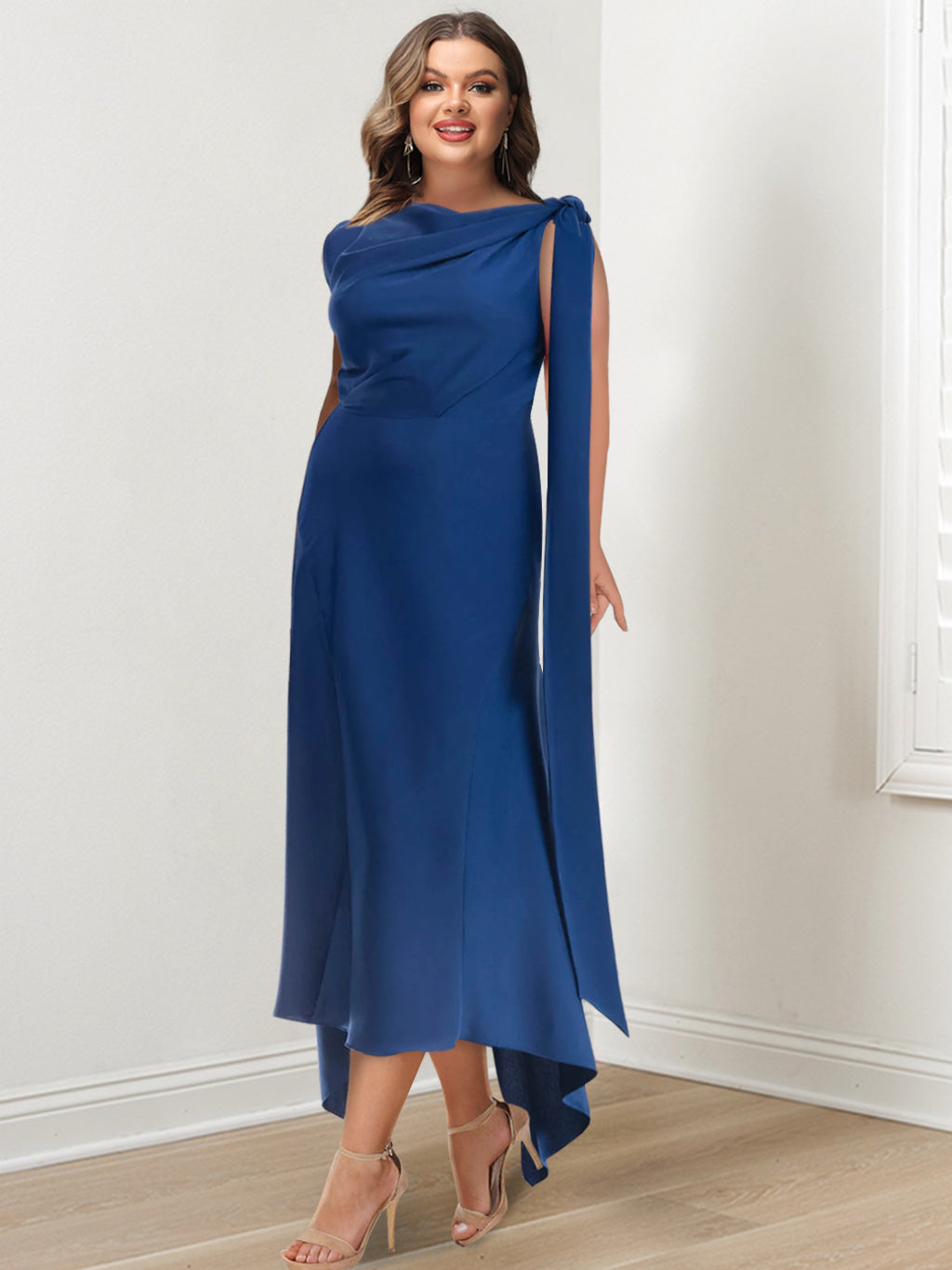 Asymmetrical Tea Length Mother of the Bride Sheath Dress with Ruched Column Jewel Neck