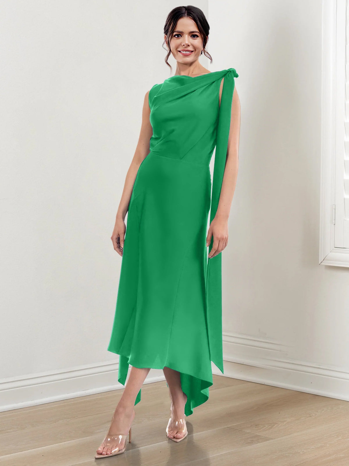 Asymmetrical Tea Length Mother of the Bride Sheath Dress with Ruched Column Jewel Neck