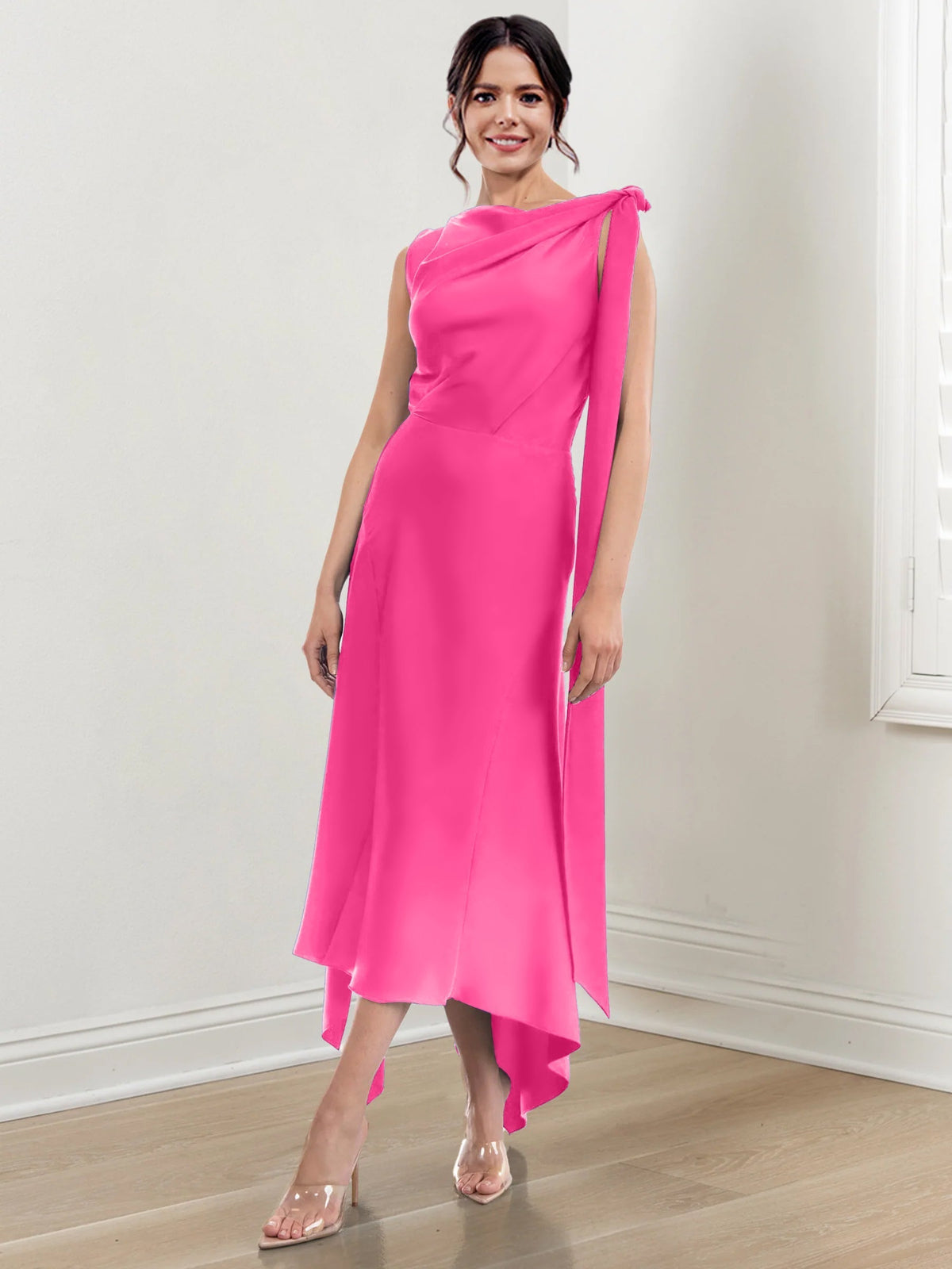 Asymmetrical Tea Length Mother of the Bride Sheath Dress with Ruched Column Jewel Neck