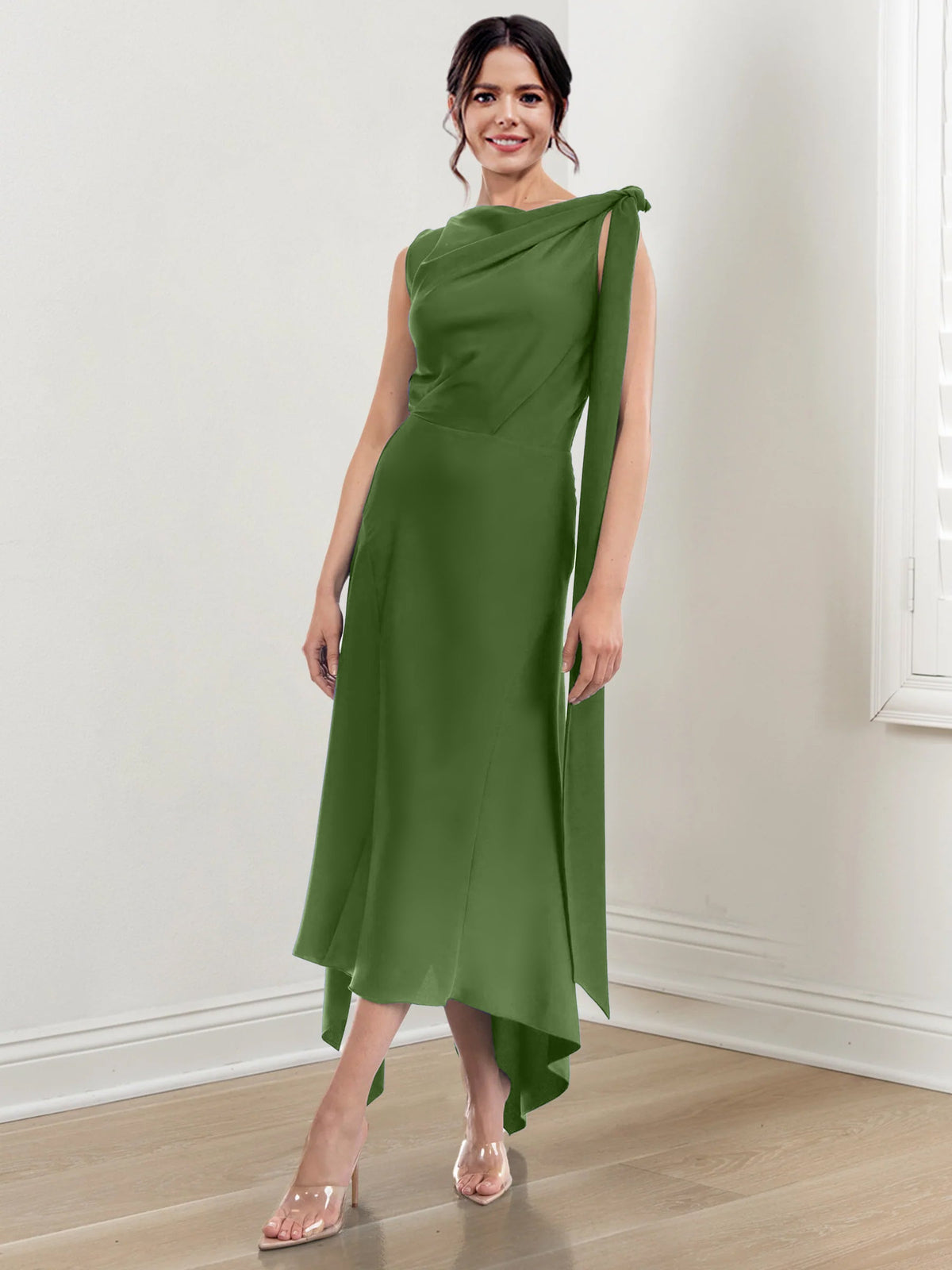 Asymmetrical Tea Length Mother of the Bride Sheath Dress with Ruched Column Jewel Neck