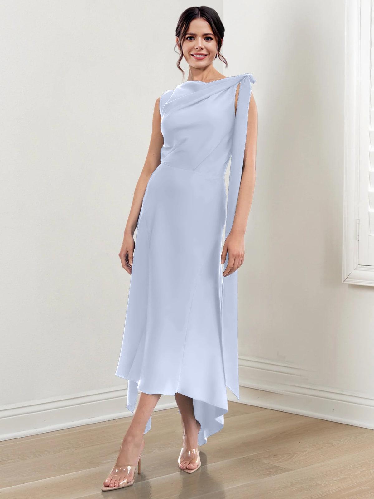 Asymmetrical Tea Length Mother of the Bride Sheath Dress with Ruched Column Jewel Neck