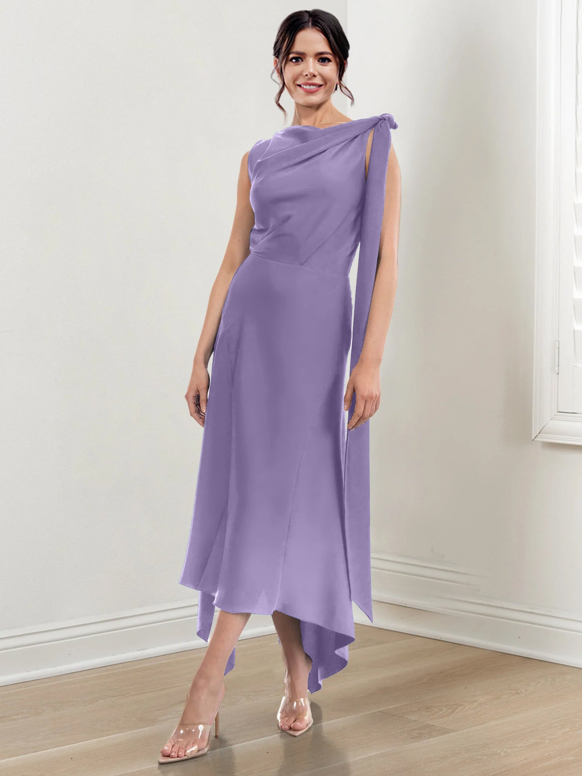 Asymmetrical Tea Length Mother of the Bride Sheath Dress with Ruched Column Jewel Neck