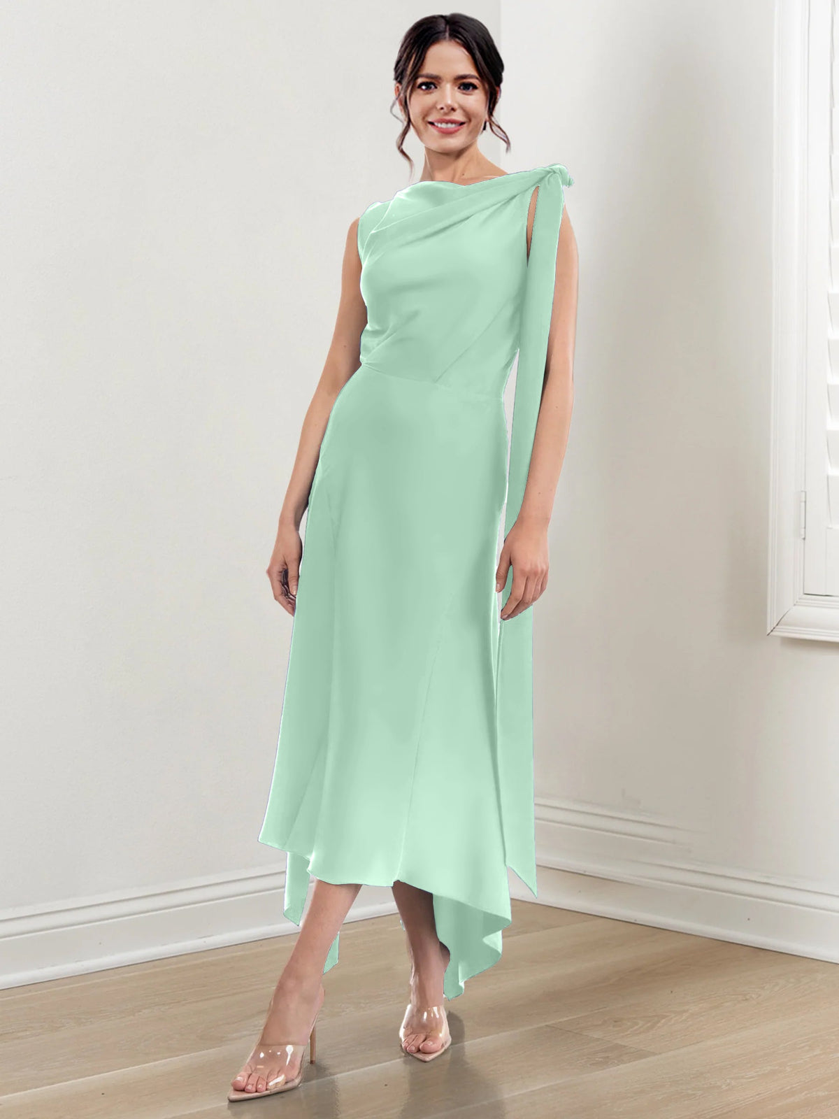 Asymmetrical Tea Length Mother of the Bride Sheath Dress with Ruched Column Jewel Neck