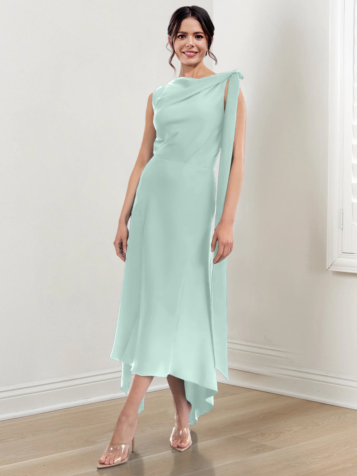 Asymmetrical Tea Length Mother of the Bride Sheath Dress with Ruched Column Jewel Neck