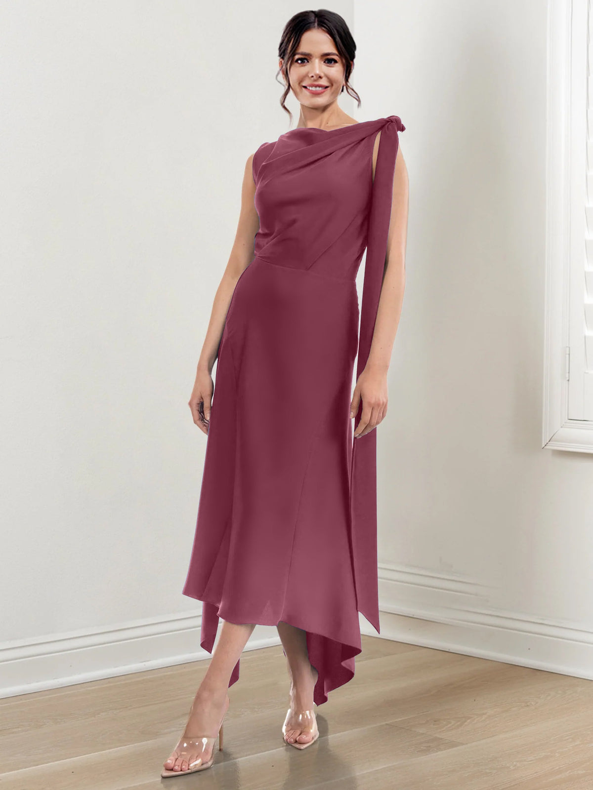 Asymmetrical Tea Length Mother of the Bride Sheath Dress with Ruched Column Jewel Neck