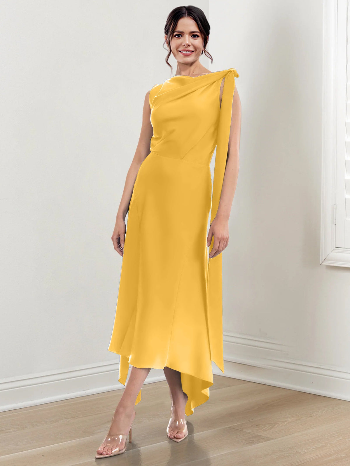 Asymmetrical Tea Length Mother of the Bride Sheath Dress with Ruched Column Jewel Neck