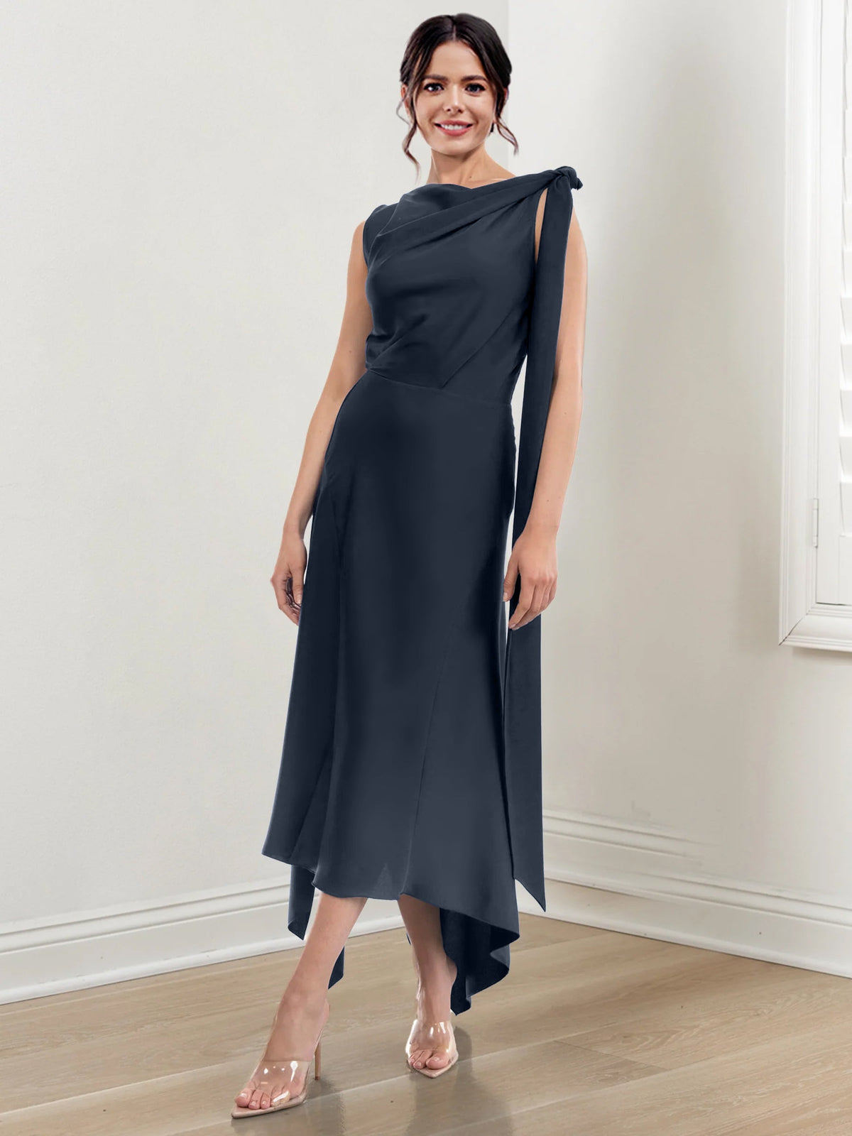 Asymmetrical Tea Length Mother of the Bride Sheath Dress with Ruched Column Jewel Neck