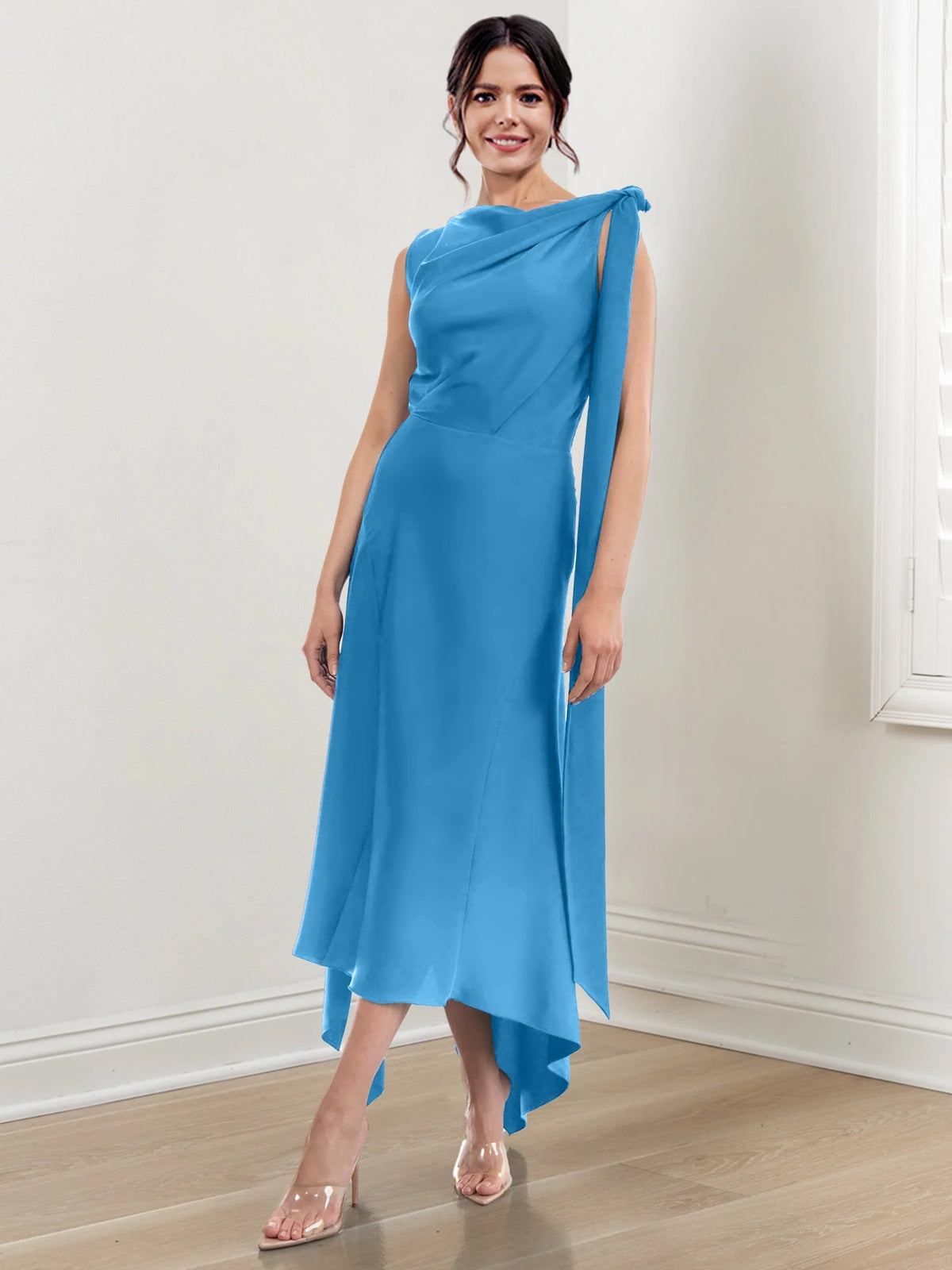 Asymmetrical Tea Length Mother of the Bride Sheath Dress with Ruched Column Jewel Neck