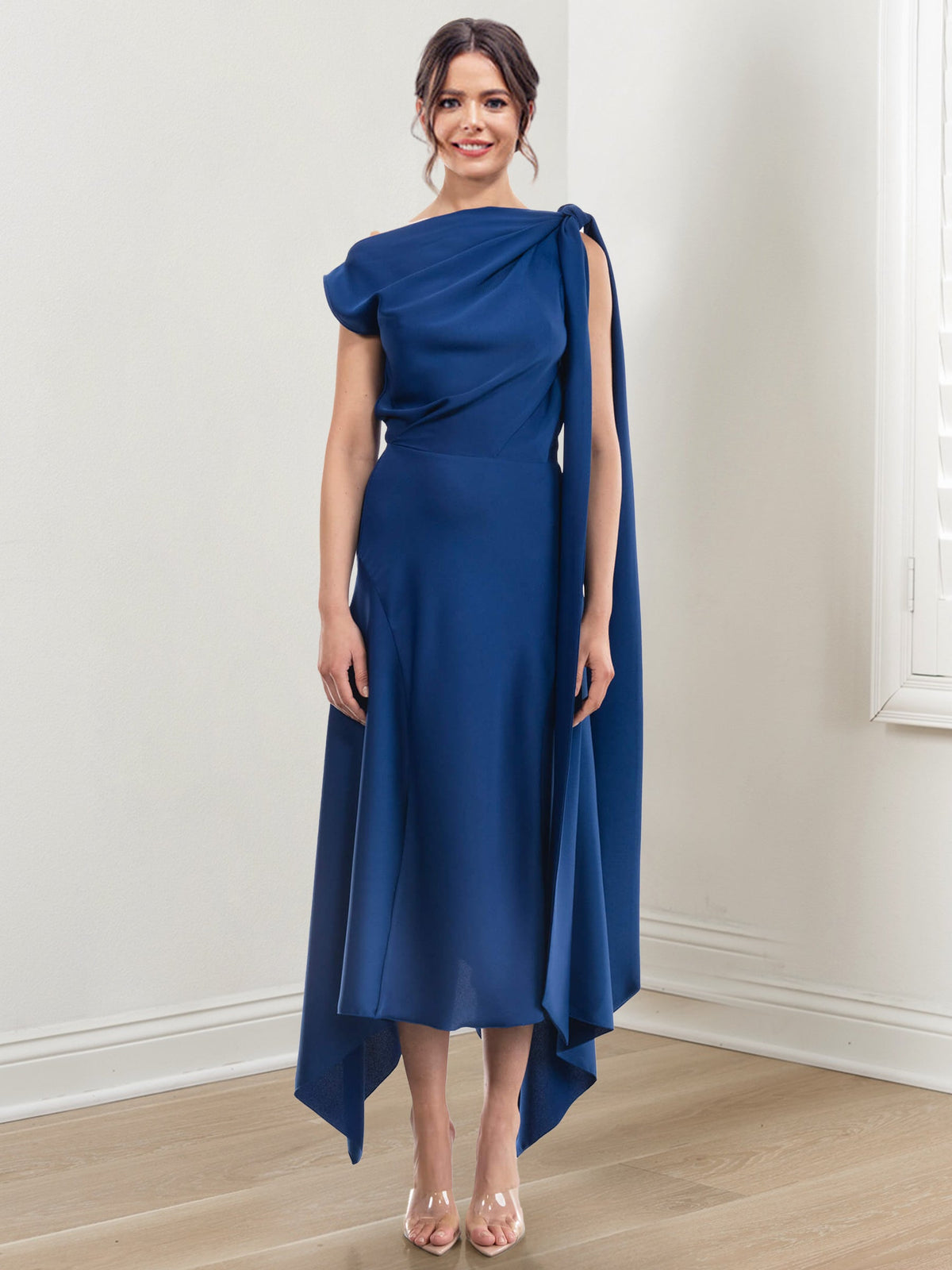 Asymmetrical Tea Length Mother of the Bride Sheath Dress with Ruched Column Jewel Neck