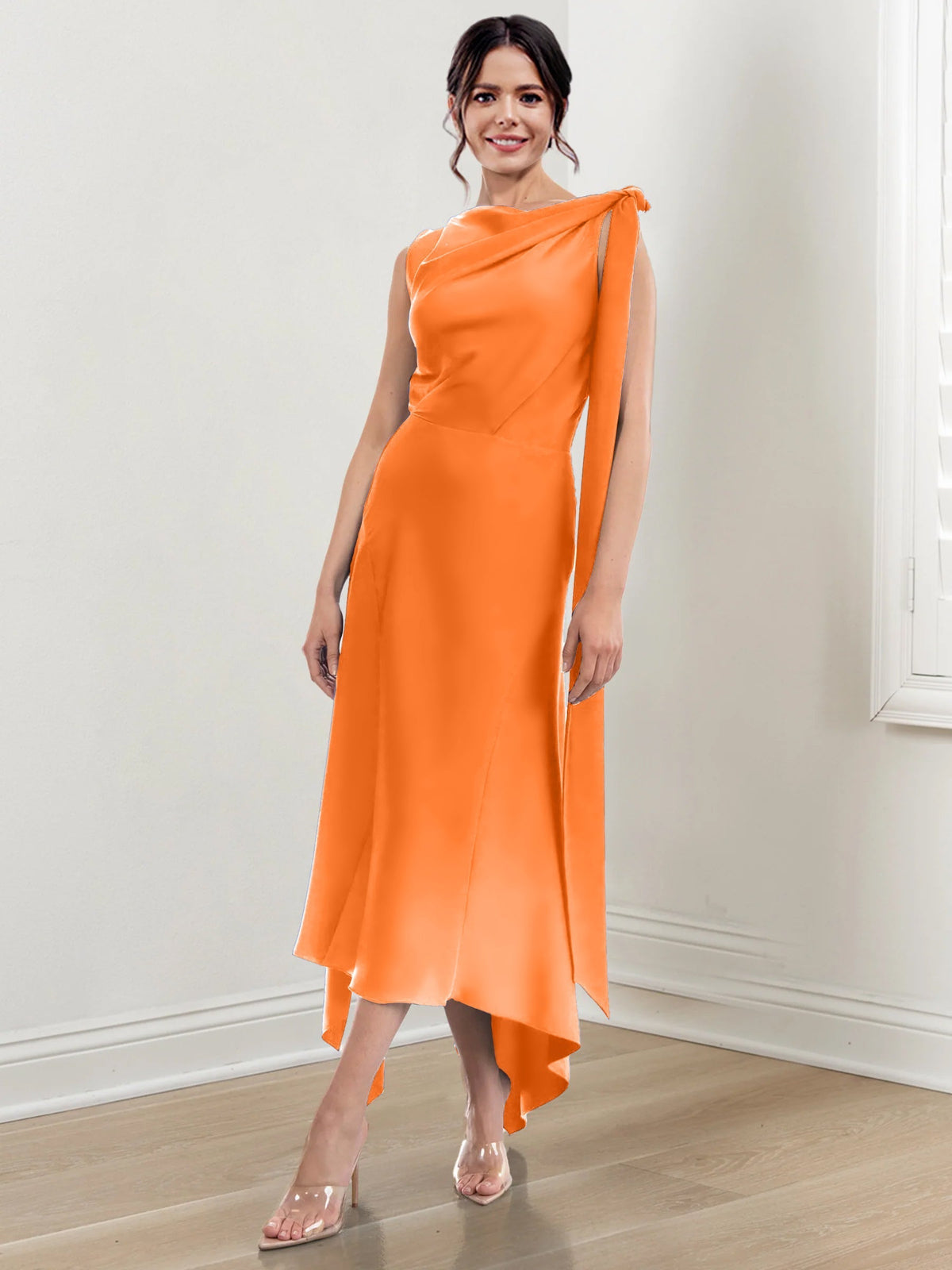 Asymmetrical Tea Length Mother of the Bride Sheath Dress with Ruched Column Jewel Neck