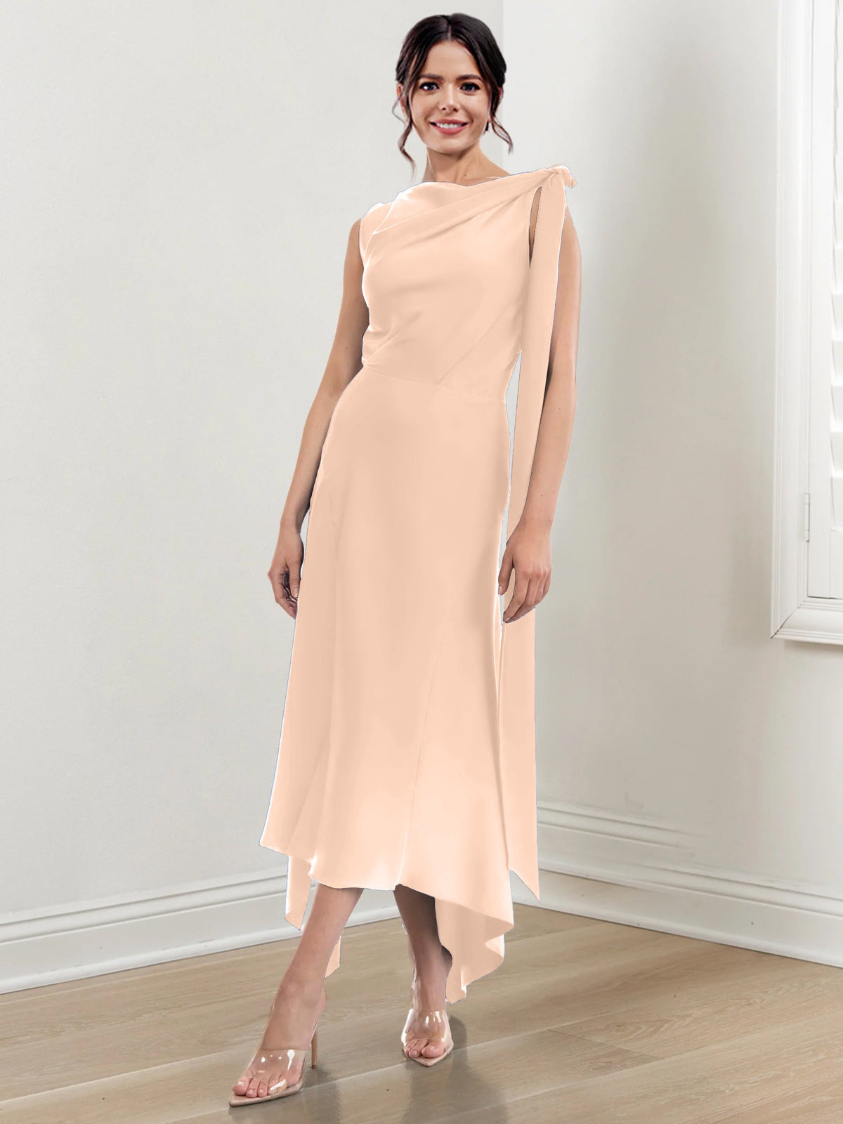 Asymmetrical Tea Length Mother of the Bride Sheath Dress with Ruched Column Jewel Neck