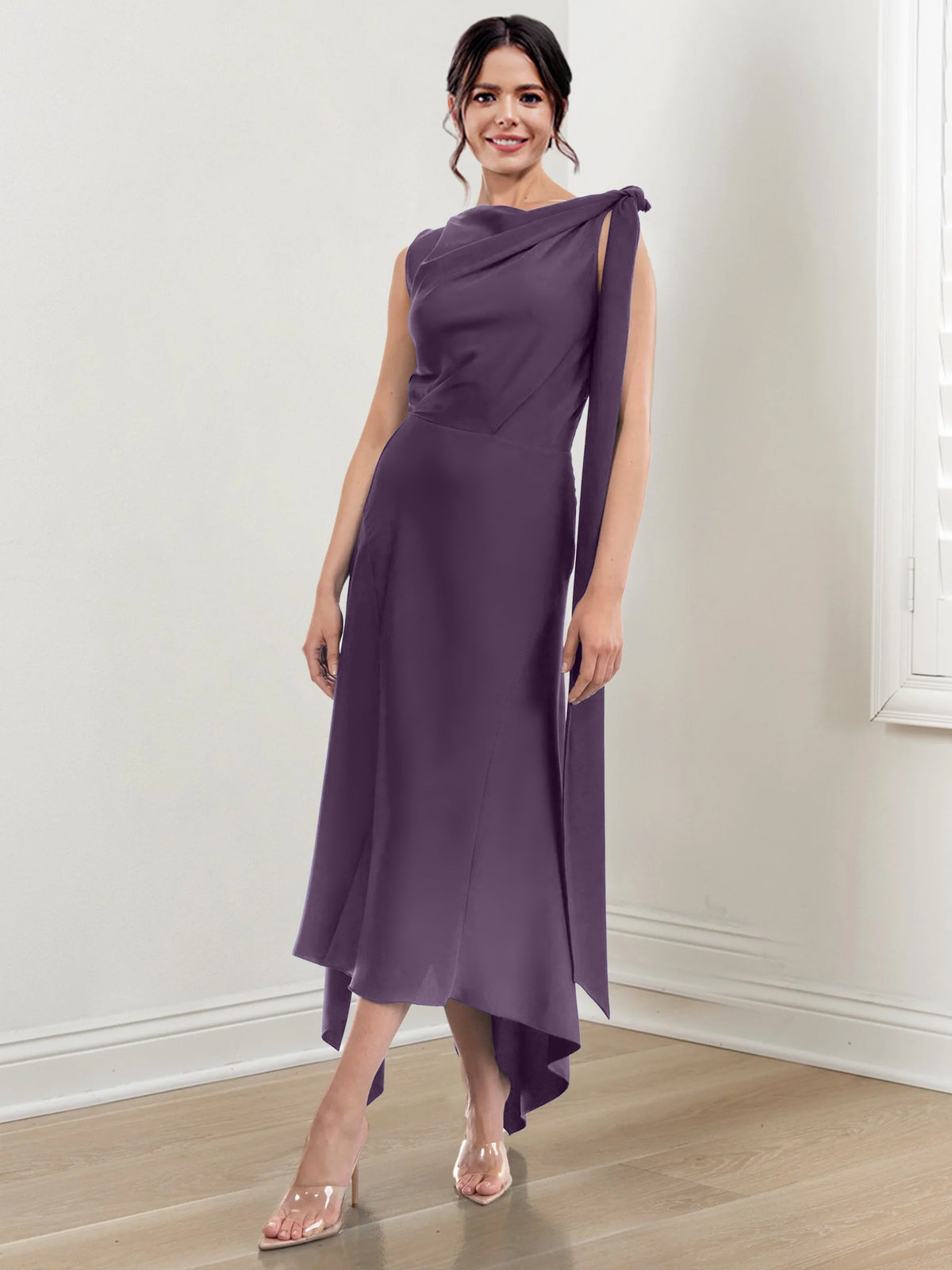 Asymmetrical Tea Length Mother of the Bride Sheath Dress with Ruched Column Jewel Neck
