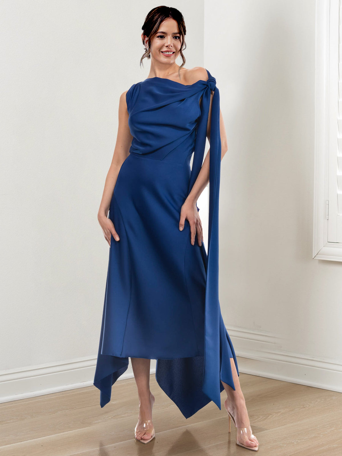 Asymmetrical Tea Length Mother of the Bride Sheath Dress with Ruched Column Jewel Neck