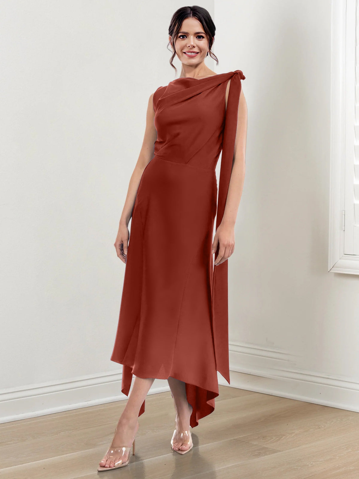 Asymmetrical Tea Length Mother of the Bride Sheath Dress with Ruched Column Jewel Neck