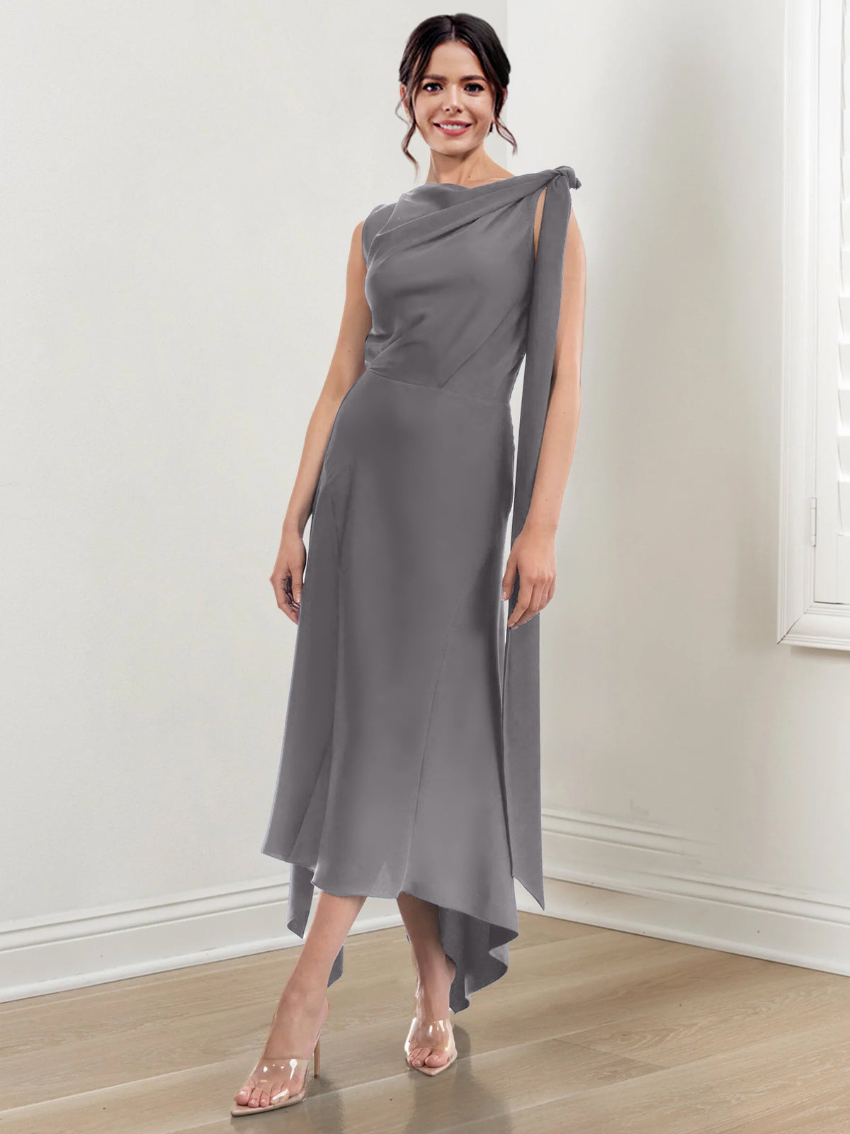 Asymmetrical Tea Length Mother of the Bride Sheath Dress with Ruched Column Jewel Neck