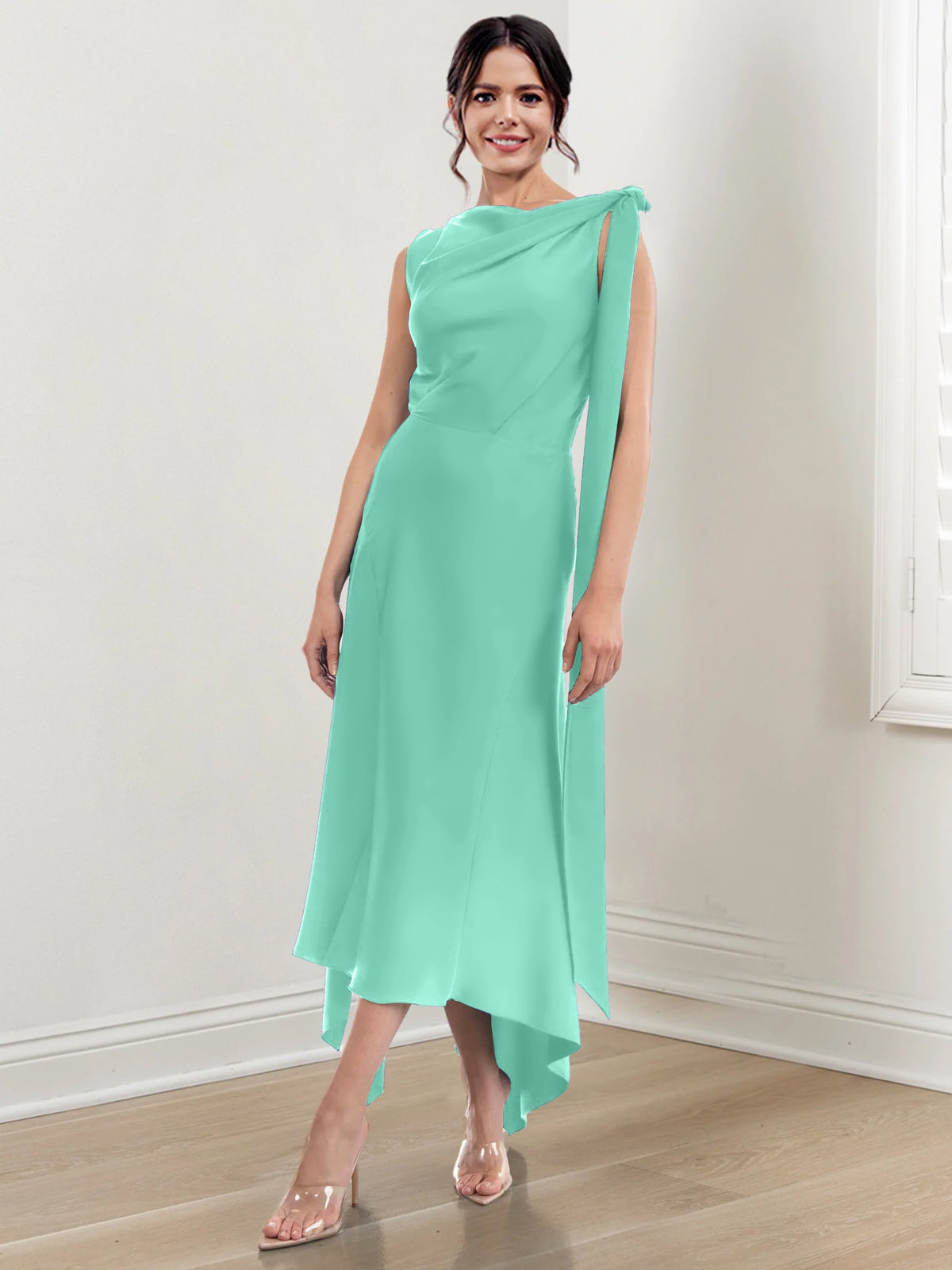 Asymmetrical Tea Length Mother of the Bride Sheath Dress with Ruched Column Jewel Neck