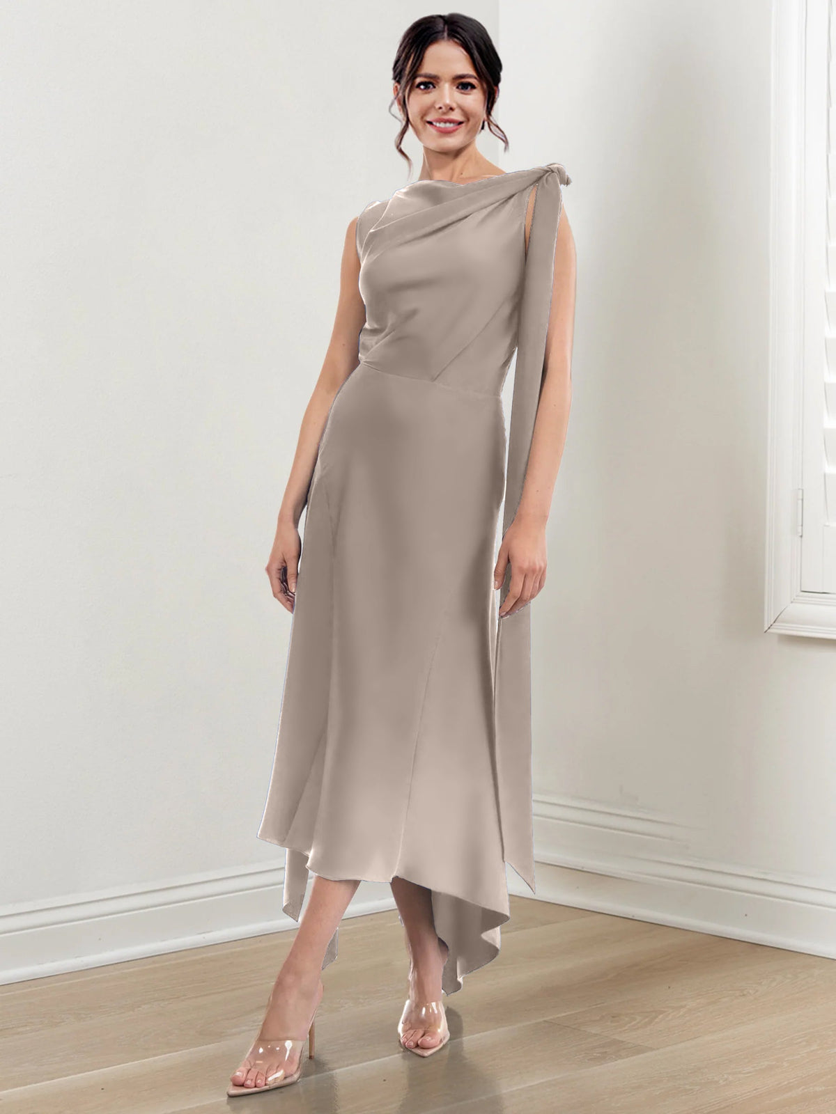 Asymmetrical Tea Length Mother of the Bride Sheath Dress with Ruched Column Jewel Neck