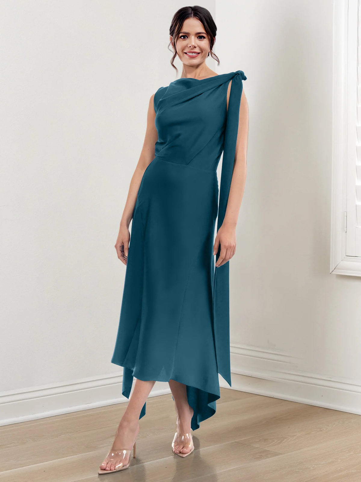 Asymmetrical Tea Length Mother of the Bride Sheath Dress with Ruched Column Jewel Neck