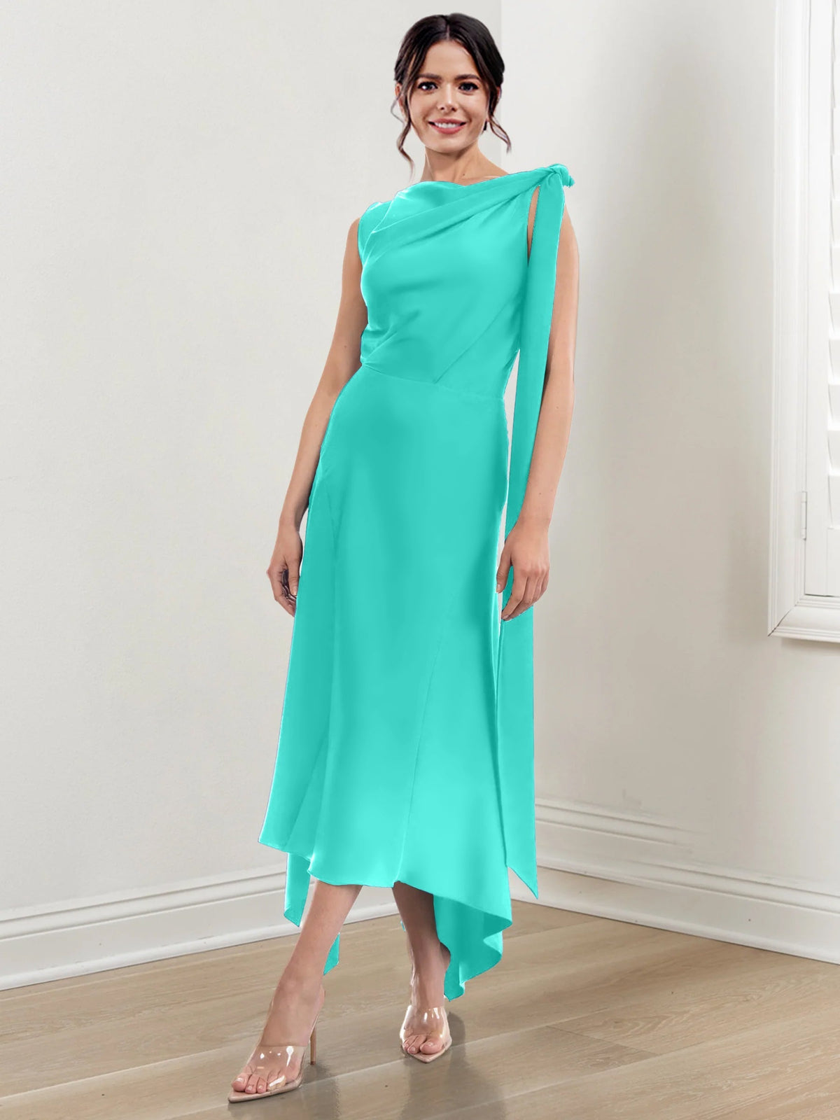Asymmetrical Tea Length Mother of the Bride Sheath Dress with Ruched Column Jewel Neck