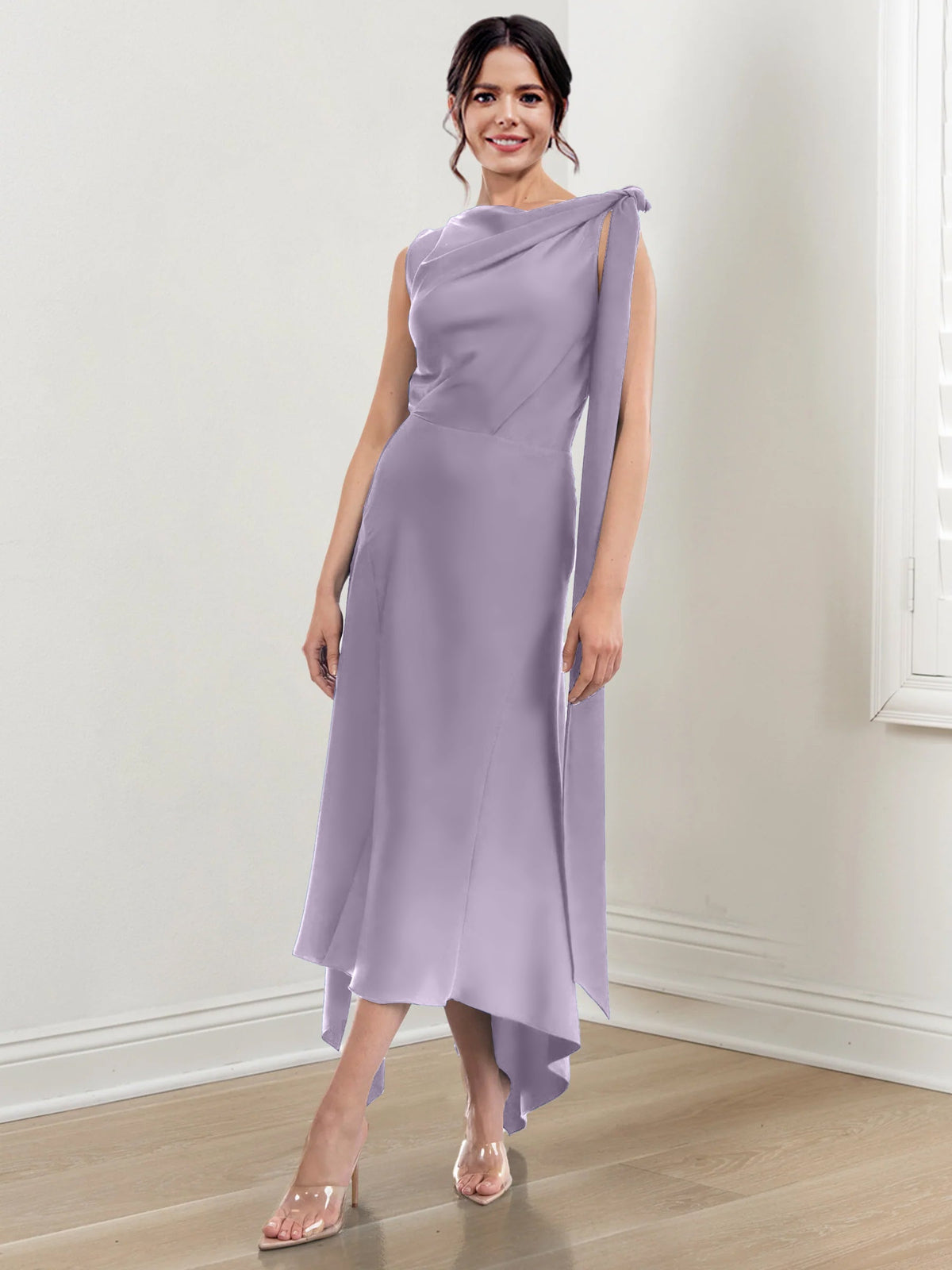 Asymmetrical Tea Length Mother of the Bride Sheath Dress with Ruched Column Jewel Neck