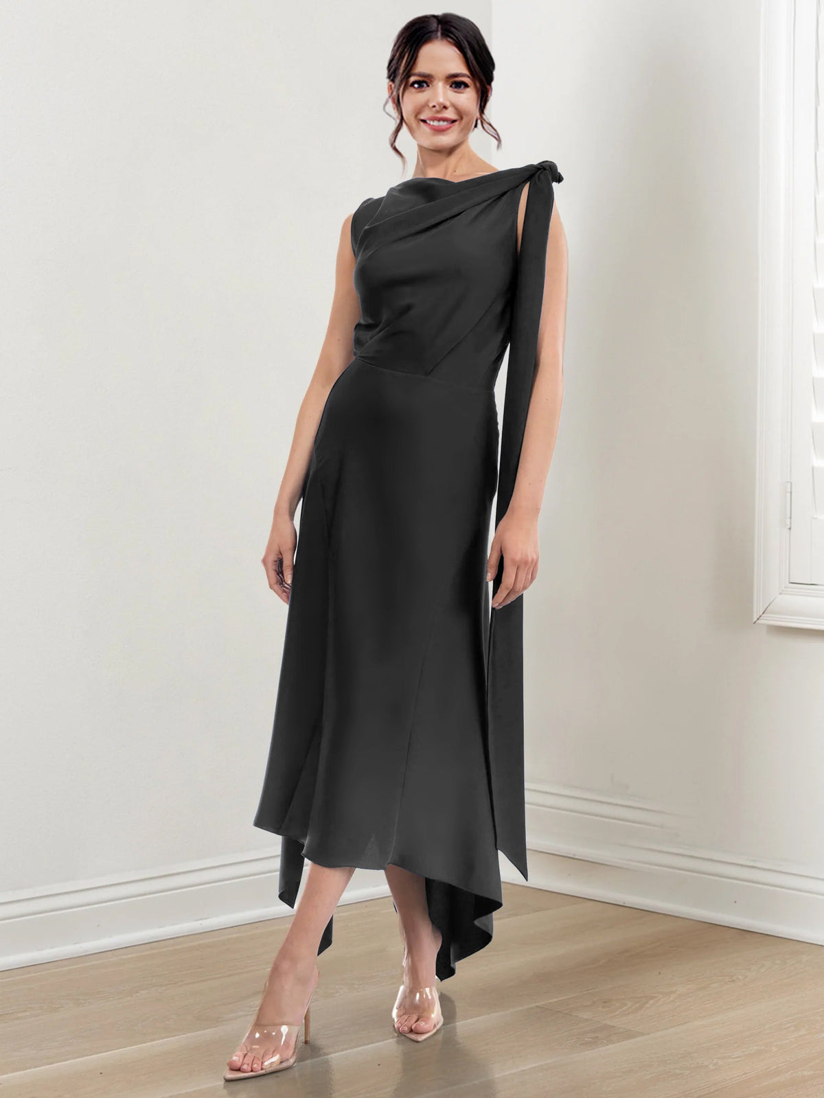 Asymmetrical Tea Length Mother of the Bride Sheath Dress with Ruched Column Jewel Neck