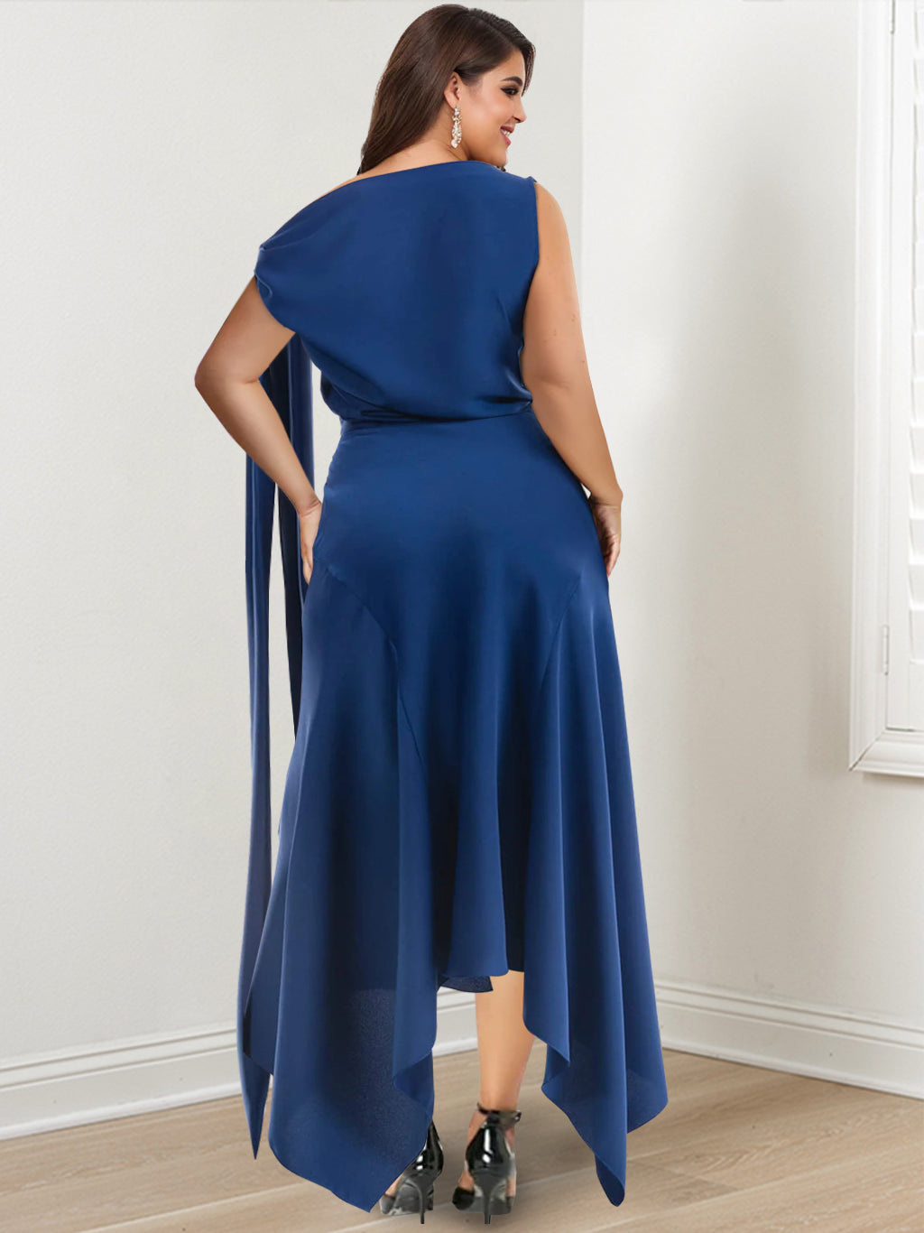 Asymmetrical Tea Length Plus Size Mother of the Bride Sheath Dress with Ruched Details