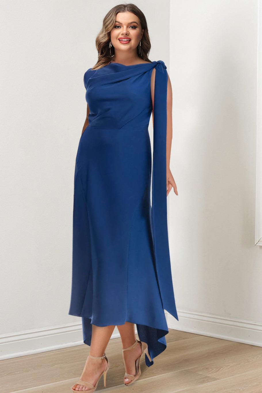 Asymmetrical Tea Length Plus Size Mother of the Bride Sheath Dress with Ruched Details
