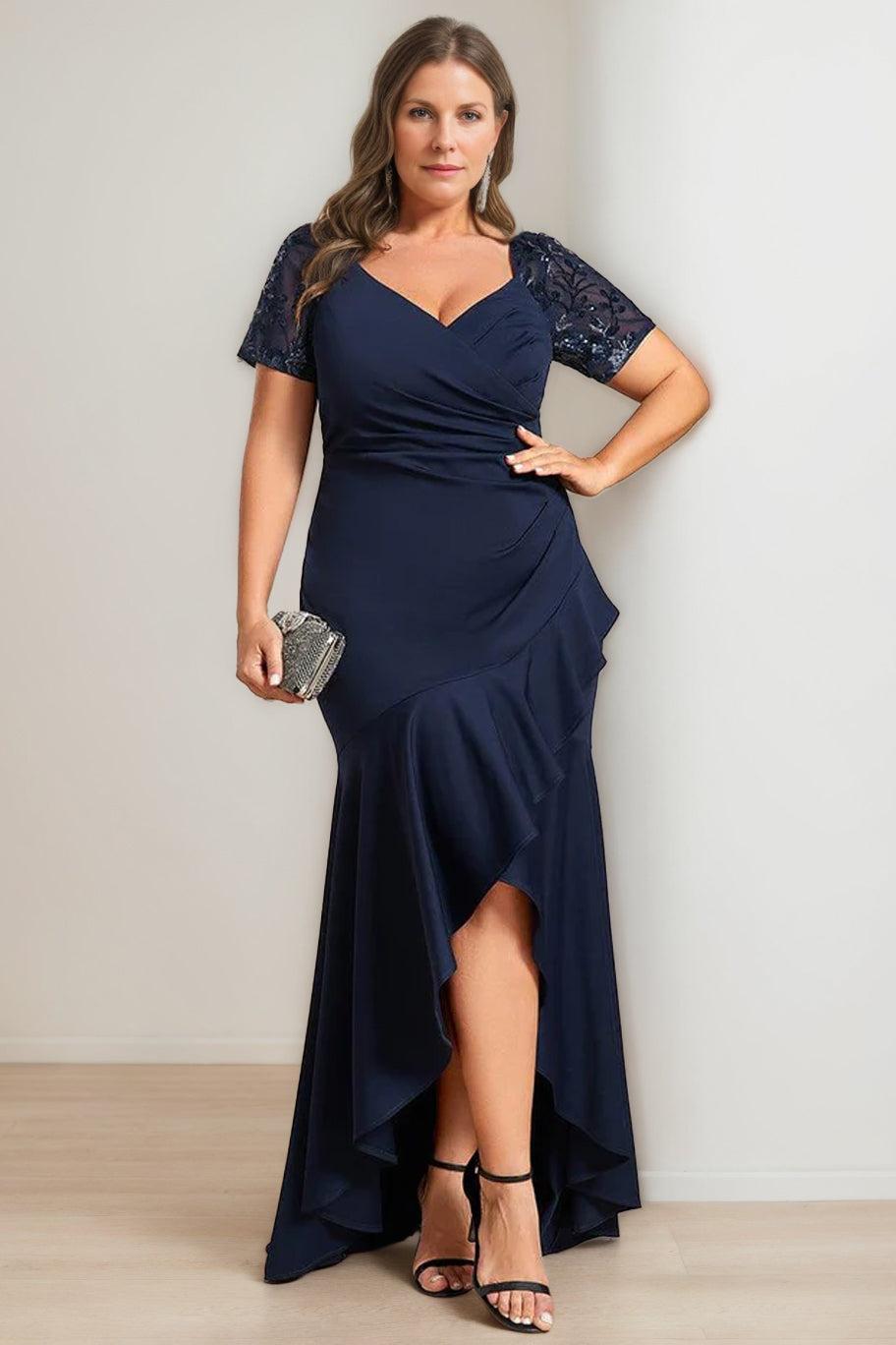 Asymmetrical V Neck Short Sleeve Sheath Dress for Plus Size Mother of the Bride with Sequins