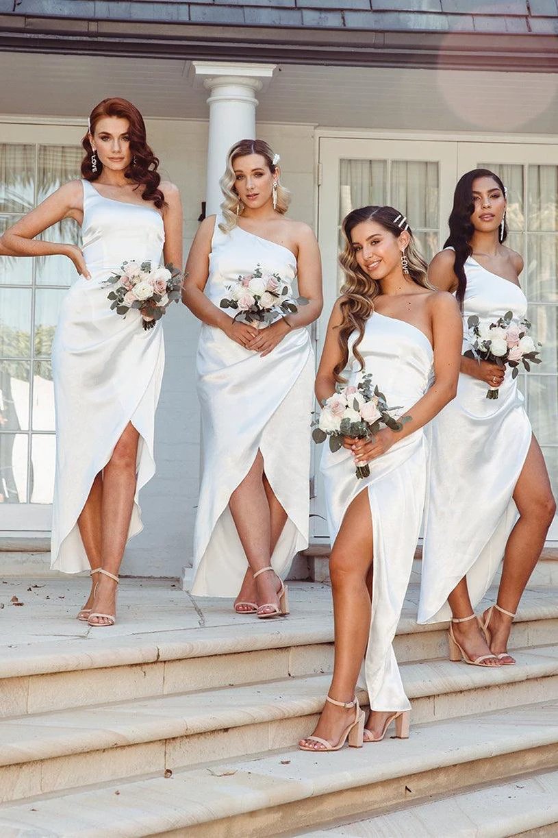 Asymmetrical One Shoulder Satin White Bridesmaid Dress (ZD13270)