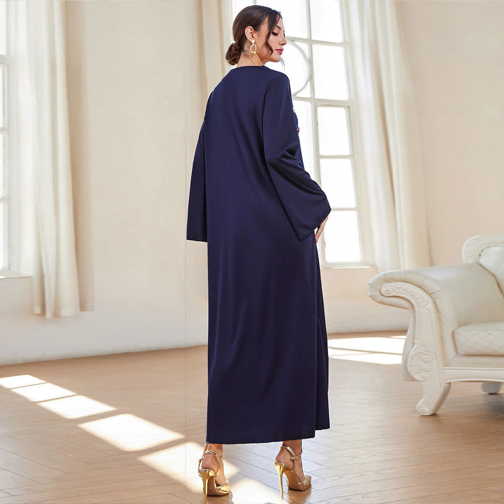 Blue Robe Dress Abaya V neck Embroidery Dress Robe