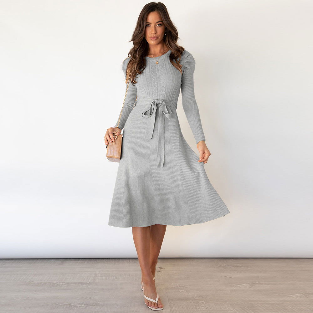 Bubble Long Sleeve Knitted Dress Mid - Length Elegant Slimming High Waist Big Swing Dress Base Sweater Dress