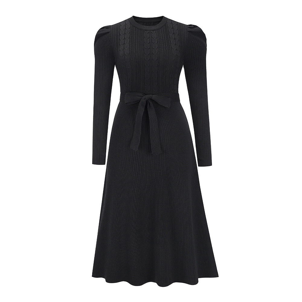 Bubble Long Sleeve Knitted Dress Mid - Length Elegant Slimming High Waist Big Swing Dress Base Sweater Dress