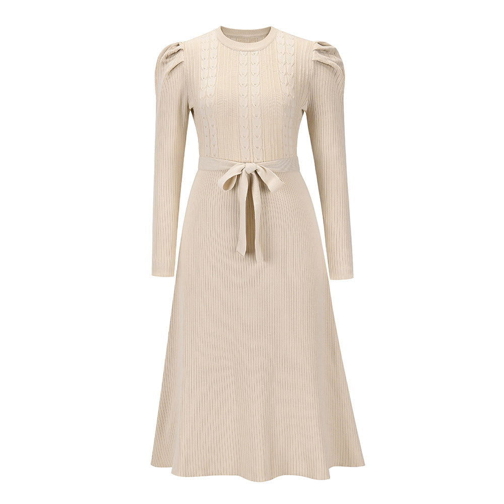 Bubble Long Sleeve Knitted Dress Mid - Length Elegant Slimming High Waist Big Swing Dress Base Sweater Dress