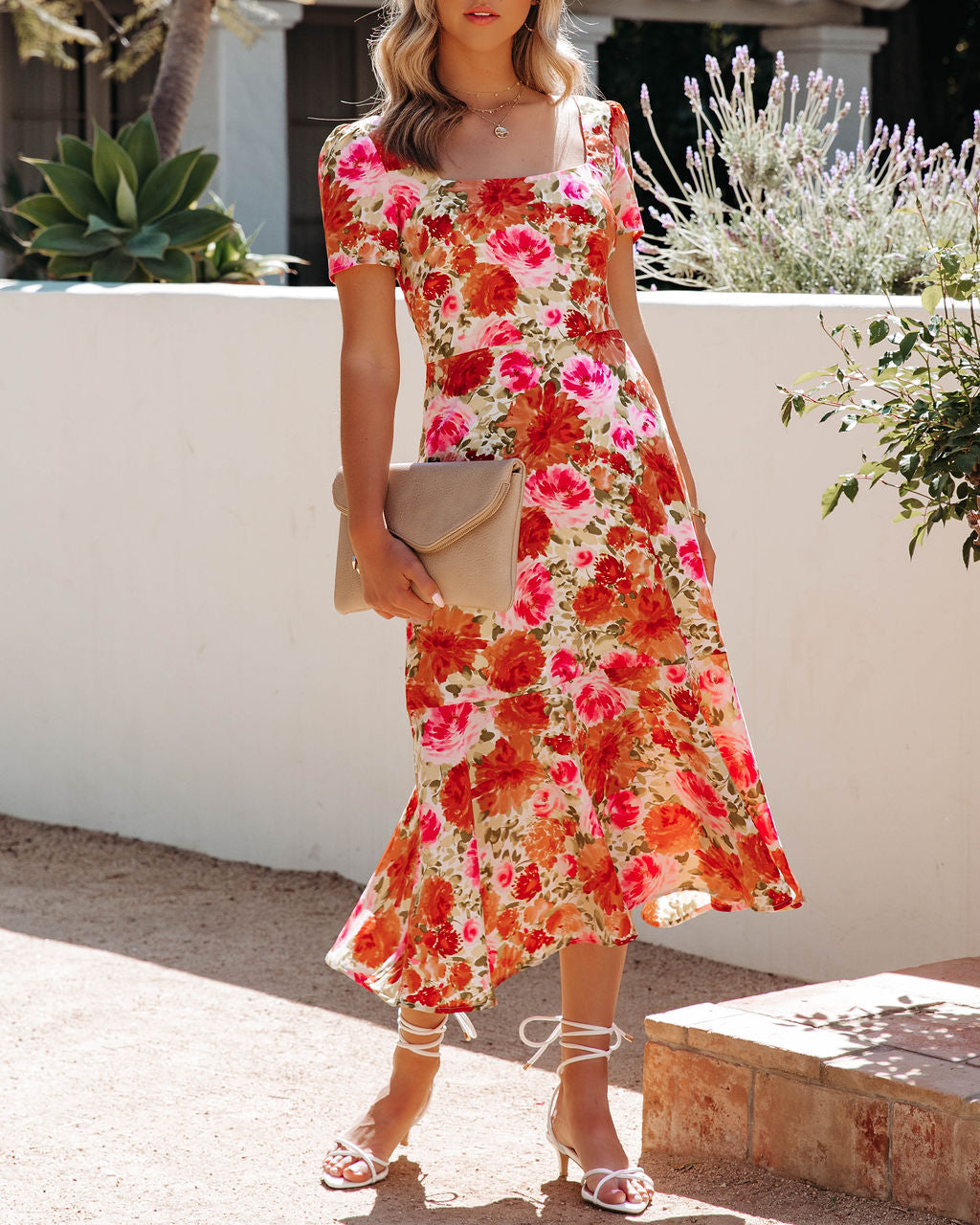 Aviana Floral Square Neck Midi Dress Multi