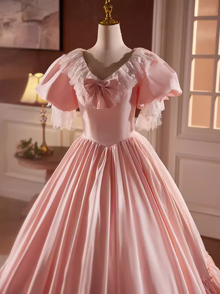 Vintage Ball Gown Pink Short Sleeves Lace Sweet 16 Dresses - View 3 | VelvetHem