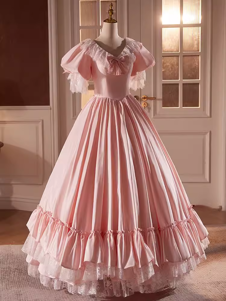 Vintage Ball Gown Pink Short Sleeves Lace Sweet 16 Dresses - View 2 | VelvetHem