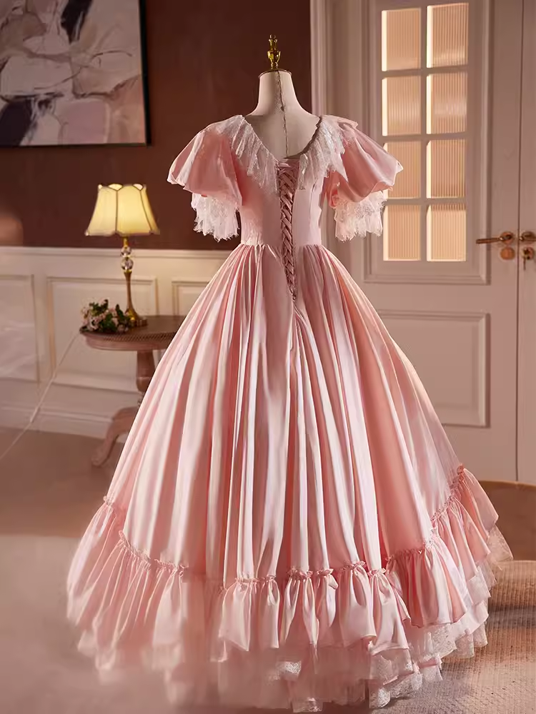 Vintage Ball Gown Pink Short Sleeves Lace Sweet 16 Dresses - View 5 | VelvetHem