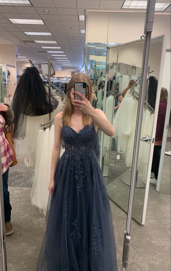 A-line v neck tulle lace long prom dress, tulle formal dress - View 2 | VelvetHem