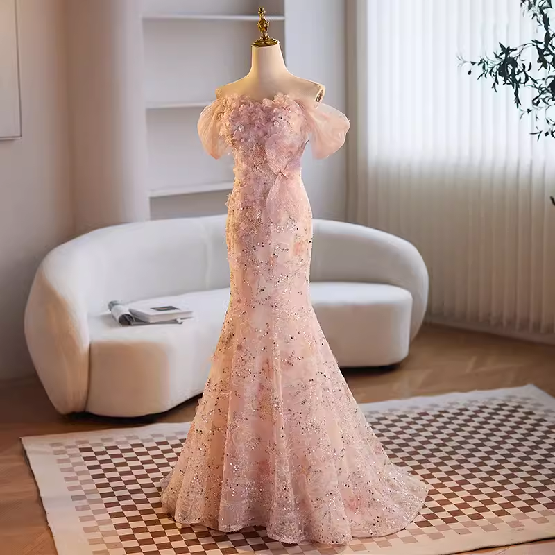 Modest Mermaid Off The Shoulder Long Pink Prom Dress - View 3 | VelvetHem